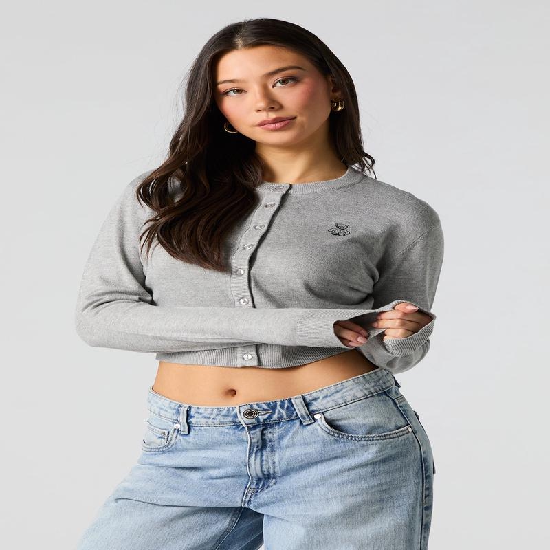 Bear Embroidered Cropped Cardigan