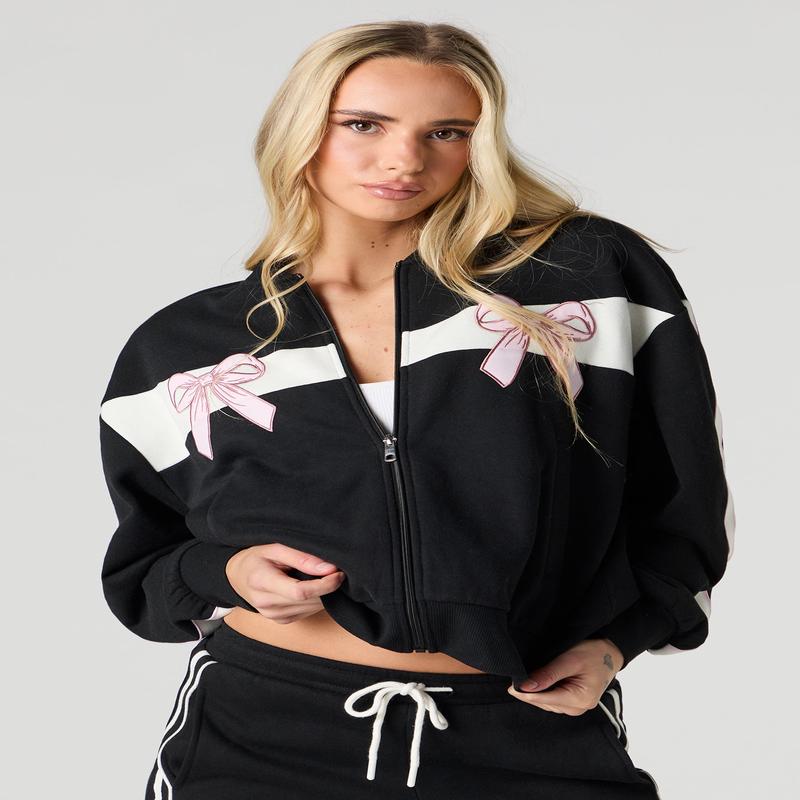 Bow Embroidered Fleece Zip-Up Sweatshirt