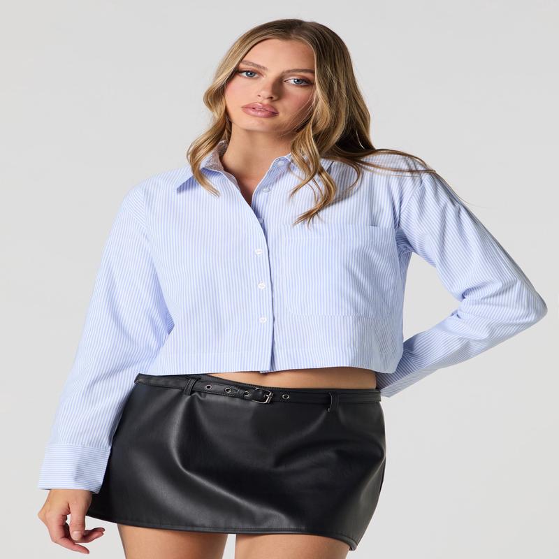 Cropped Long Sleeve Button-Up Top