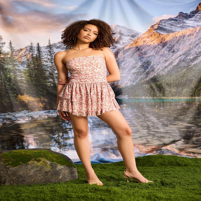 Floral Mesh Strapless Tiered Mini Dress