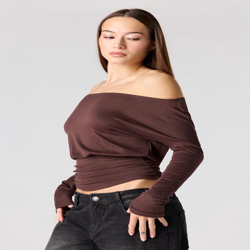 Off-Shoulder Cinched Waist Long Sleeve Top