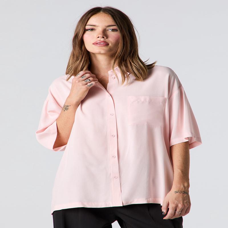 Oversized Short Sleeve Button-Up Top