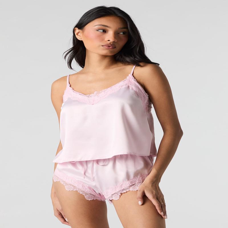 Satin Lace Trim Tank & Short 2 Piece Pajama Set