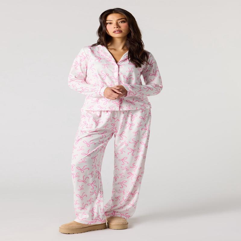 Flannel Button-Up Long Sleeve Top & Pajama Pant