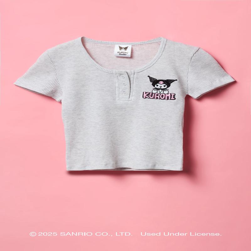 Kuromi Girls Embroidered Waffle Henley T-Shirt