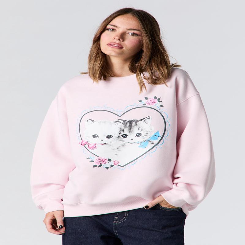 Kitten Graphic Rhinestone Fleece Sweatshirt