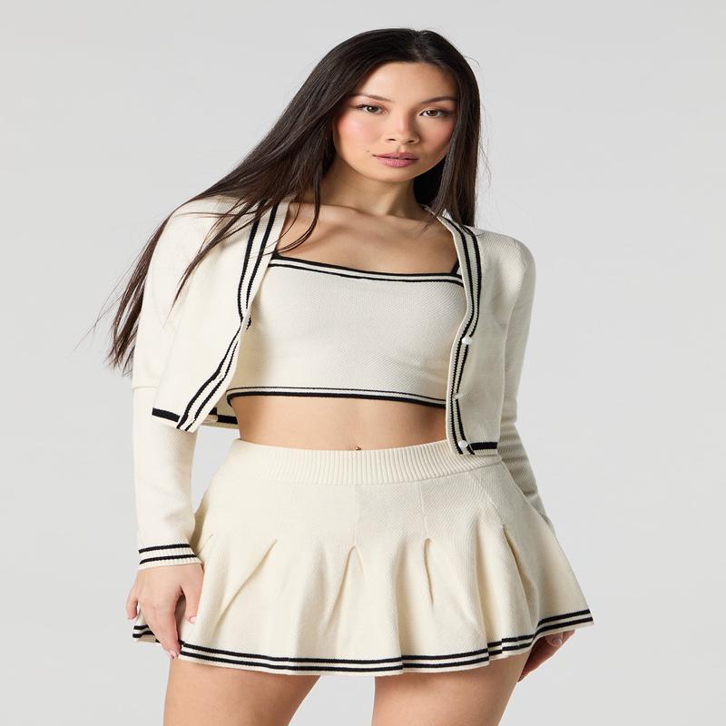 Knit Striped Trim Pleated Tennis Skort
