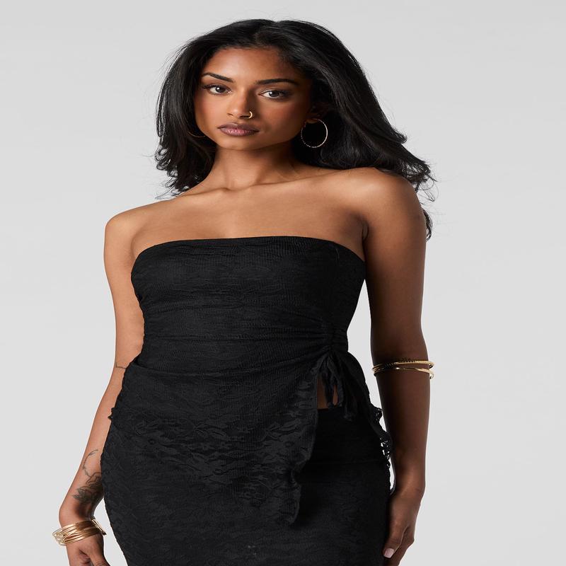 Lace Self-Tie Side Cinched Asymmetrical Tube Top