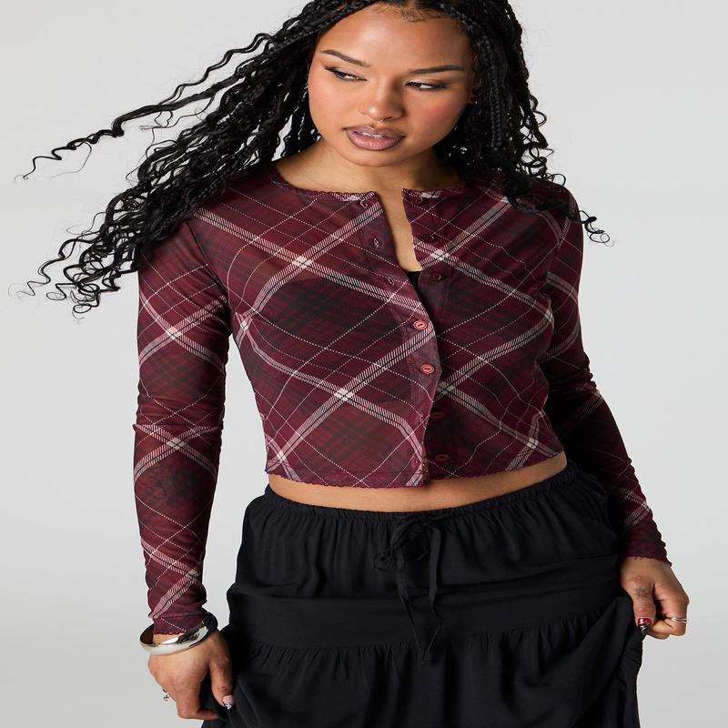 Mesh Cropped Button-Up Top