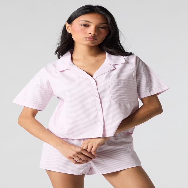 Striped Button-Up Top & Short 2 Piece Pajama Set