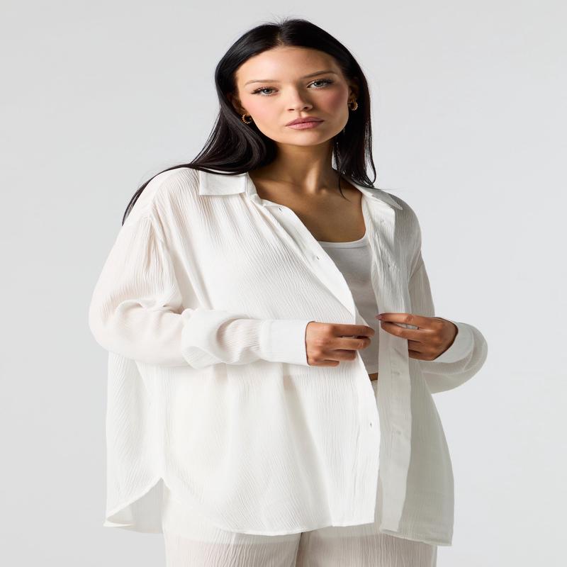 Crinkle Oversized Button-Up Top