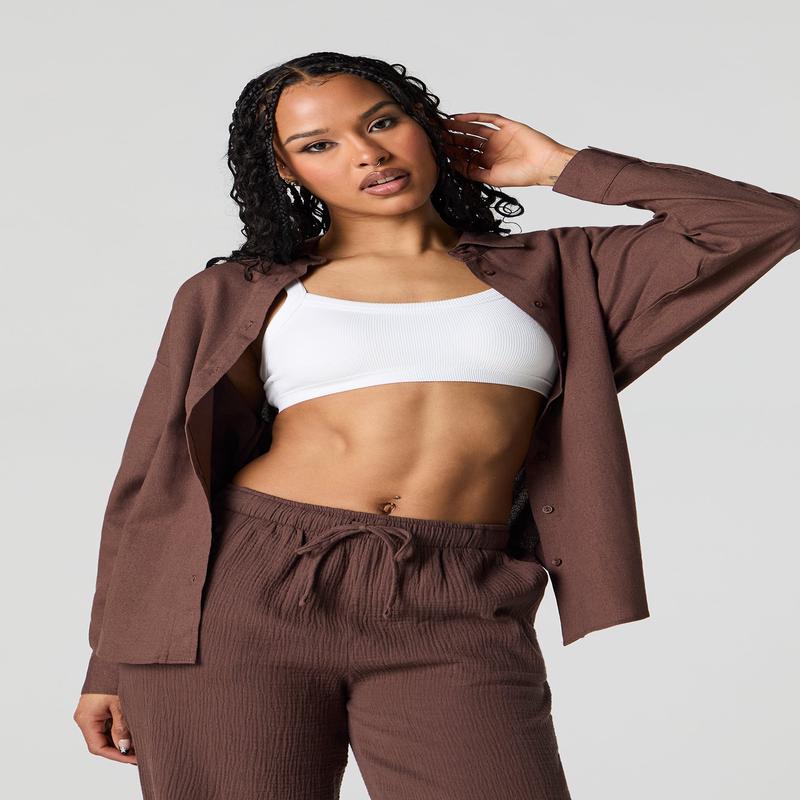 Haut boutonn surdimensionn en mlange de lin