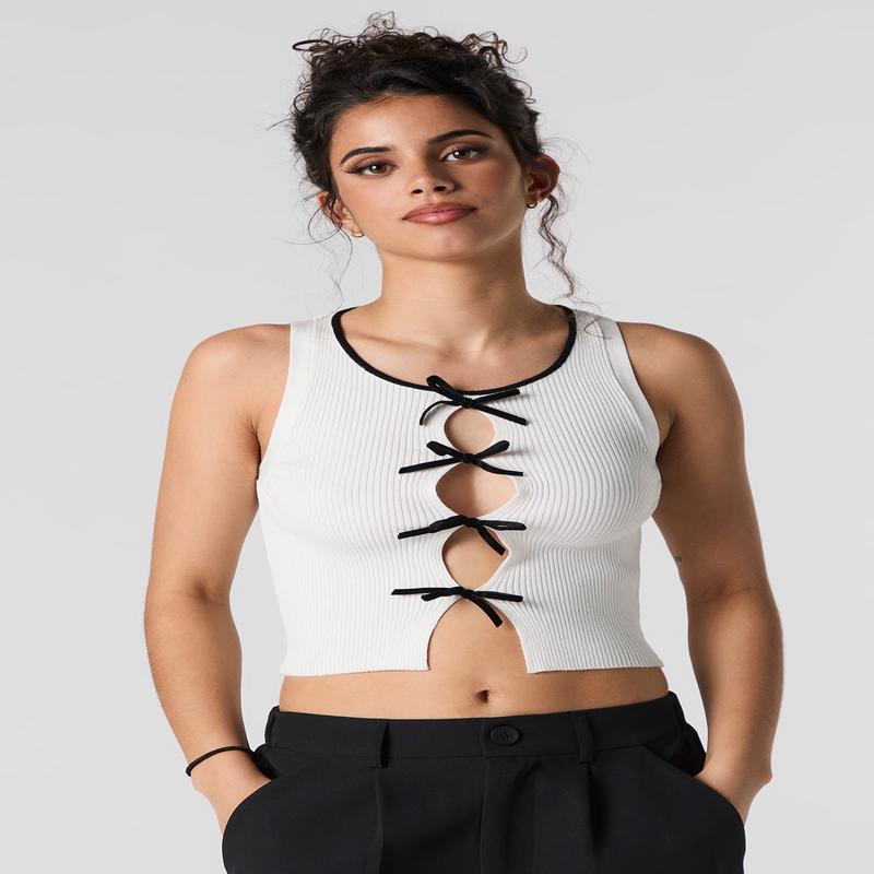 Ribbed Knit Cut-Out Bow Tank