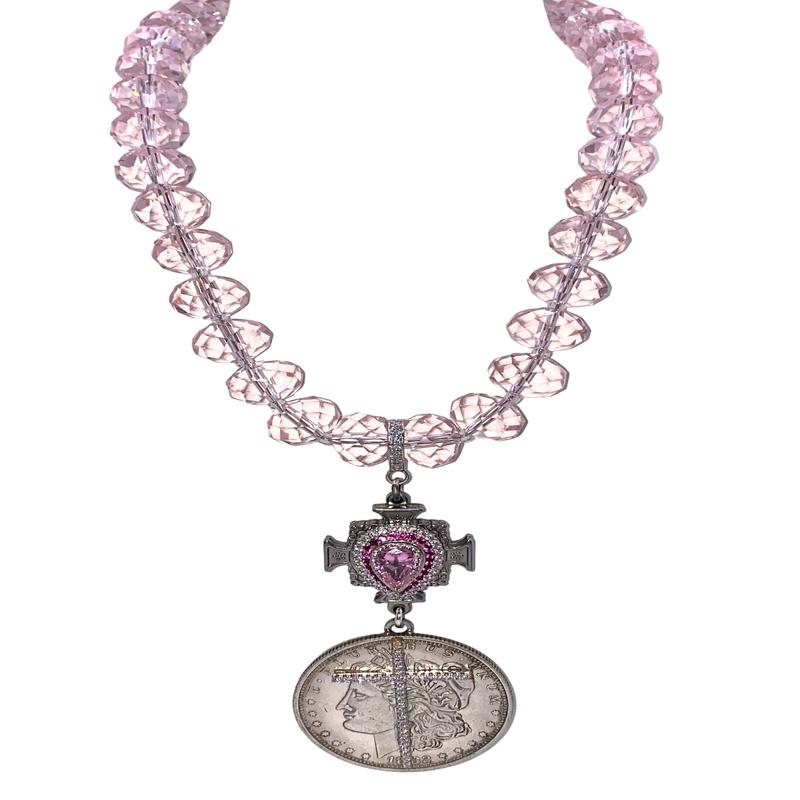 Pink Tourmaline Coin Cross Chandelier Necklace | Rockstar In Rome