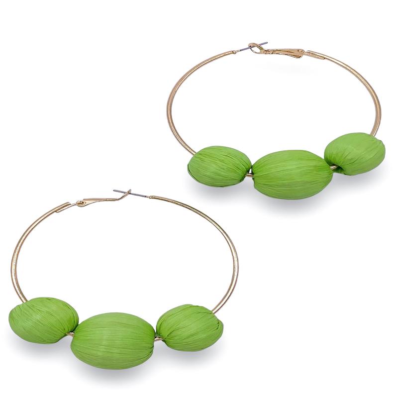 Raffia Ball & Wire Metal Hoops - Lime Green - FINAL SALE