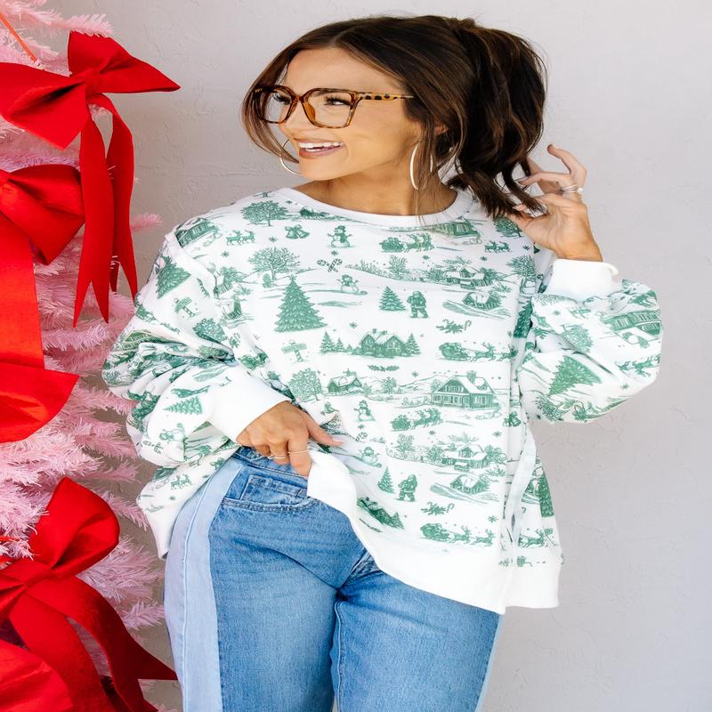 Snow Fall on the Farm Hunter Green Long Sleeve Top