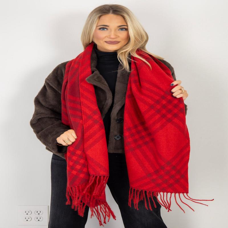 DOORBUSTER Here For More Red Plaid Fringe Scarf