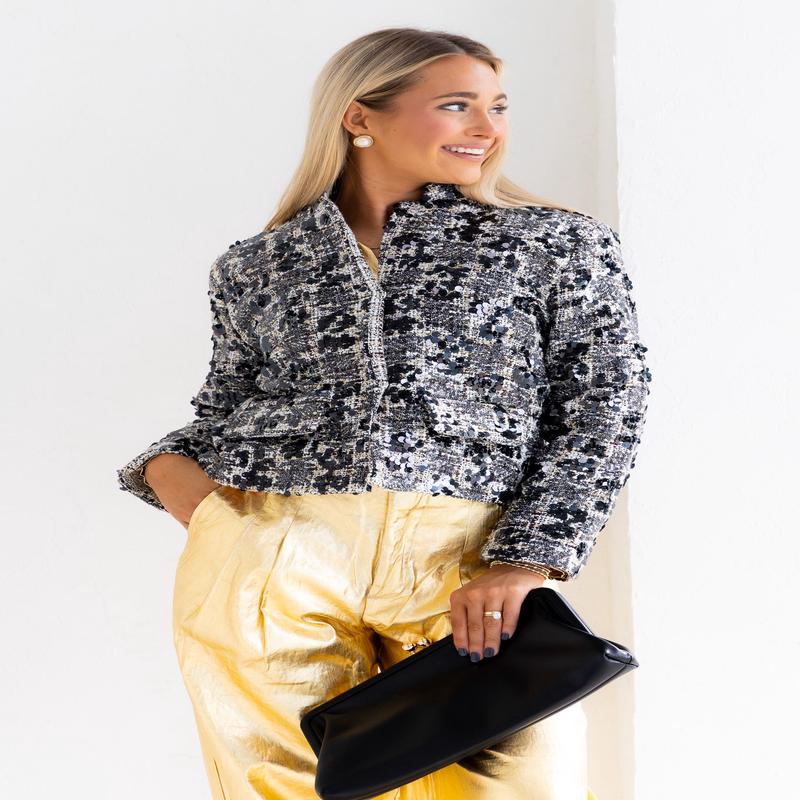 Elizabeth Sequin Black Cream Tweed Jacket