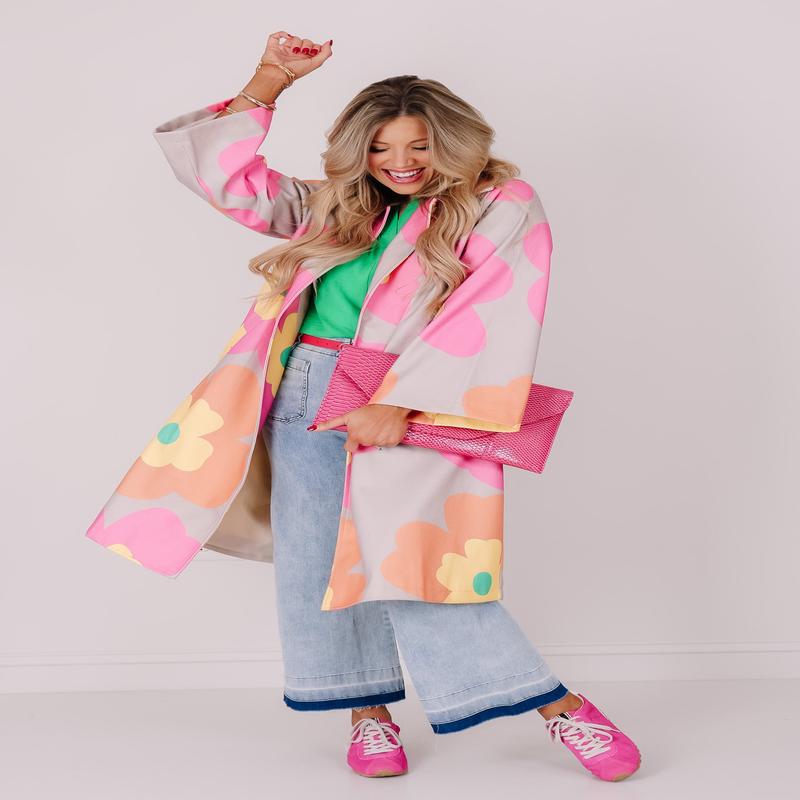 Fun of it All Pink Orange Flower Print Long Sleeve Jacket