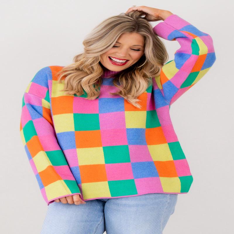 Here for the Party Magenta Multicolor Block Long Sleeve Sweater