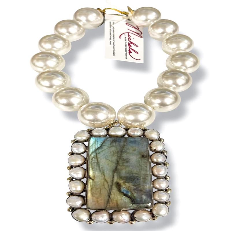 Made in the Deep South 1970s Labradorite & Pearl 1970s New Old Stock Necklace