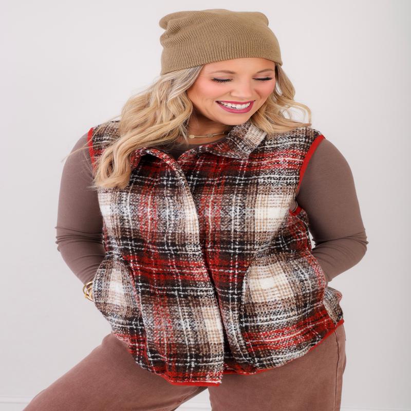 My Show Rust Plaid Sleeveless Button Down Vest