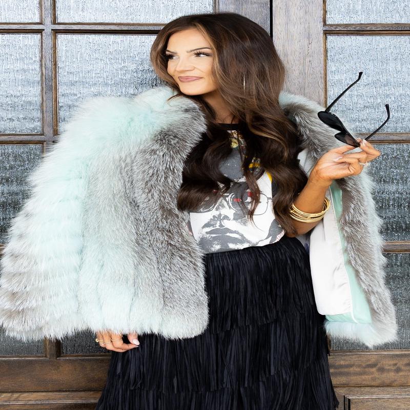 See the City Blue Fox Fur Long Sleeve Jacket