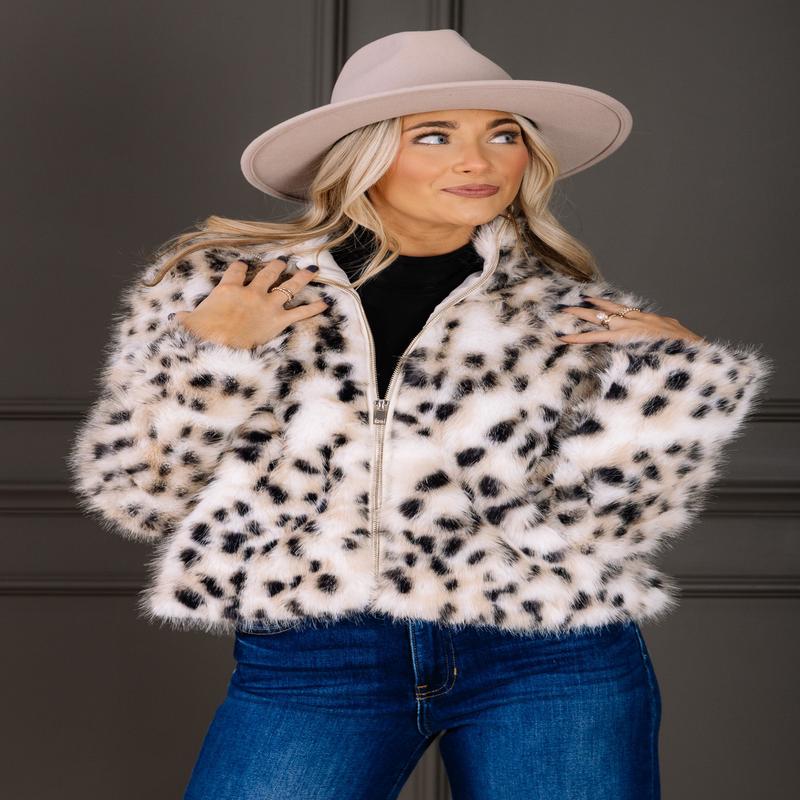 Candice Snow Leopard Faux Fur Long Sleeve Jacket