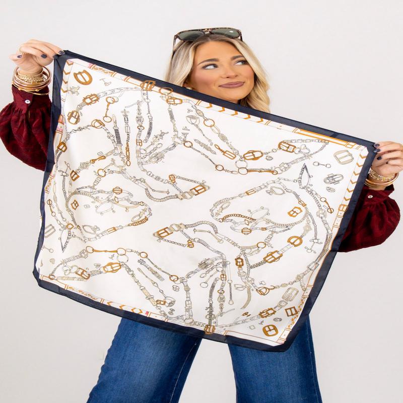 Chained To Me Cream Chain Belt Print Silky Scarf