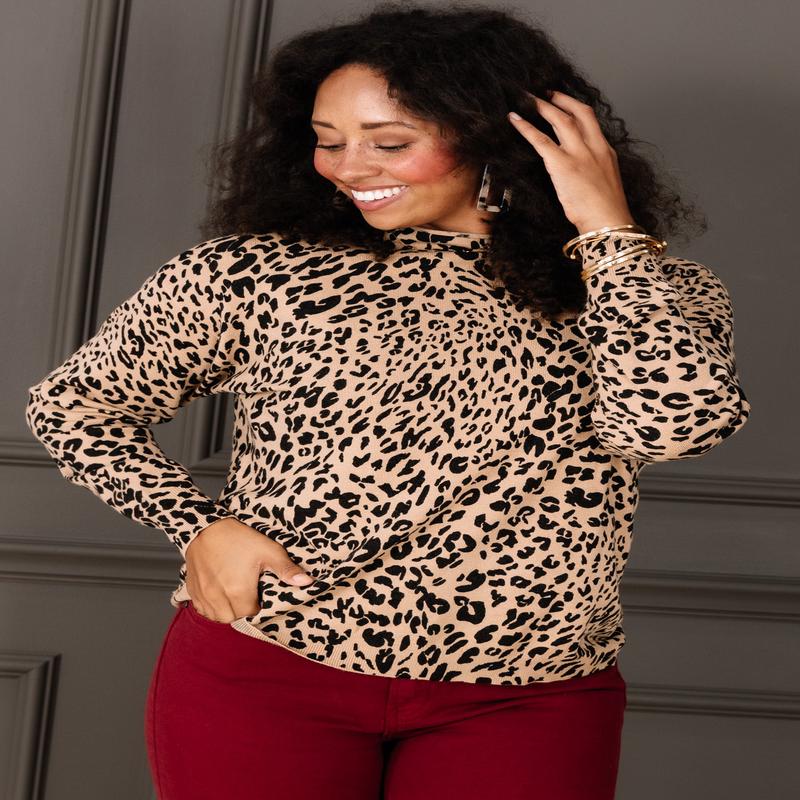 DOORBUSTER Tribal Ice Latte Leopard Print Long Sleeve Funnel Neck Sweater Top