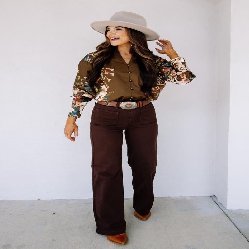 Never Enough Brown Floral Print Long Sleeve Top