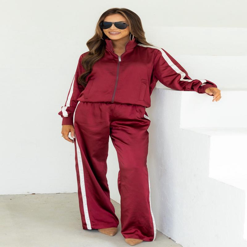 On The Move Crimson Satin Track Long Sleeve Jacket