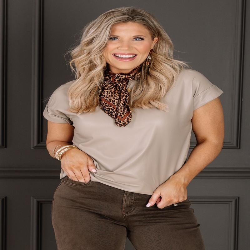 What About Us Taupe Faux Leather Short Sleeve Top
