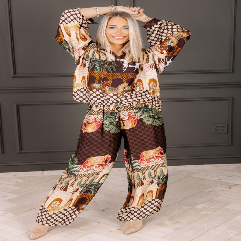 Always You Brown Printed Long Sleeve Blouse