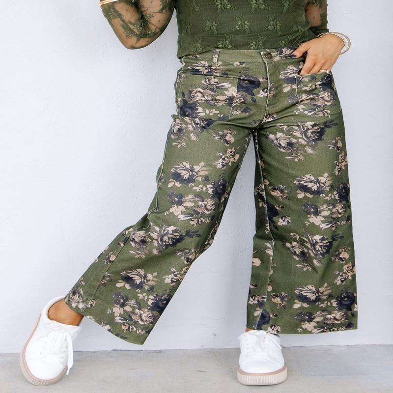 Come Over Olive Floral Print Wide Leg Pant