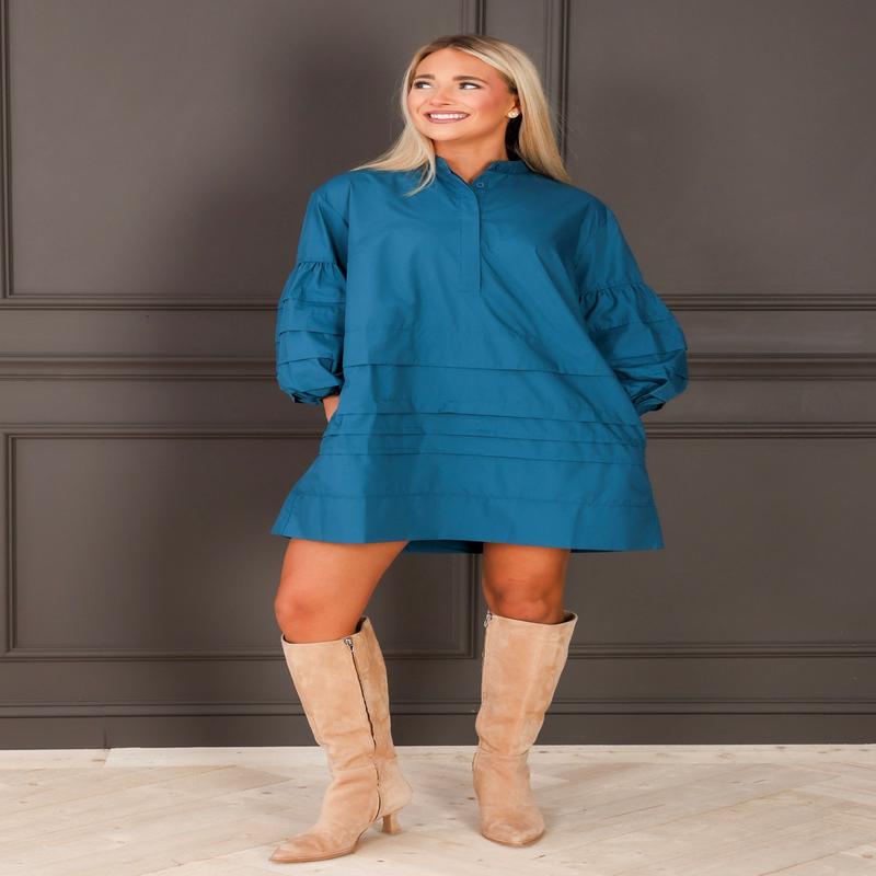 DOORBUSTER By the Sea Teal Long Sleeve Dress