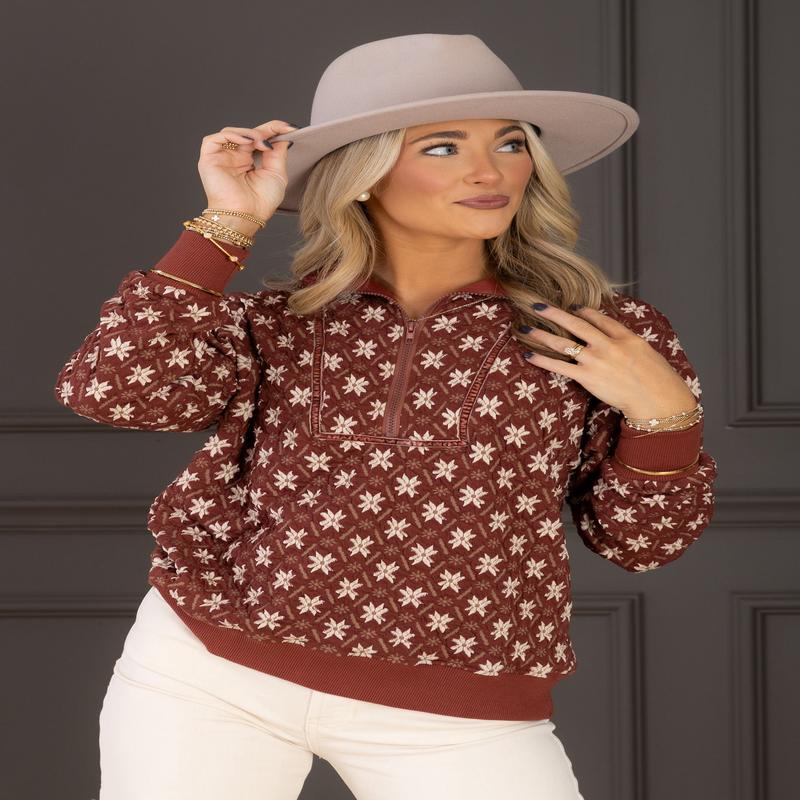 Here and Now Maroon Floral Print Zip Bust Long Sleeve Top