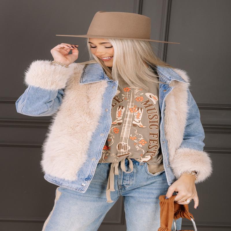 Jeraldene Denim Faux Fur Long sleeve Jacket