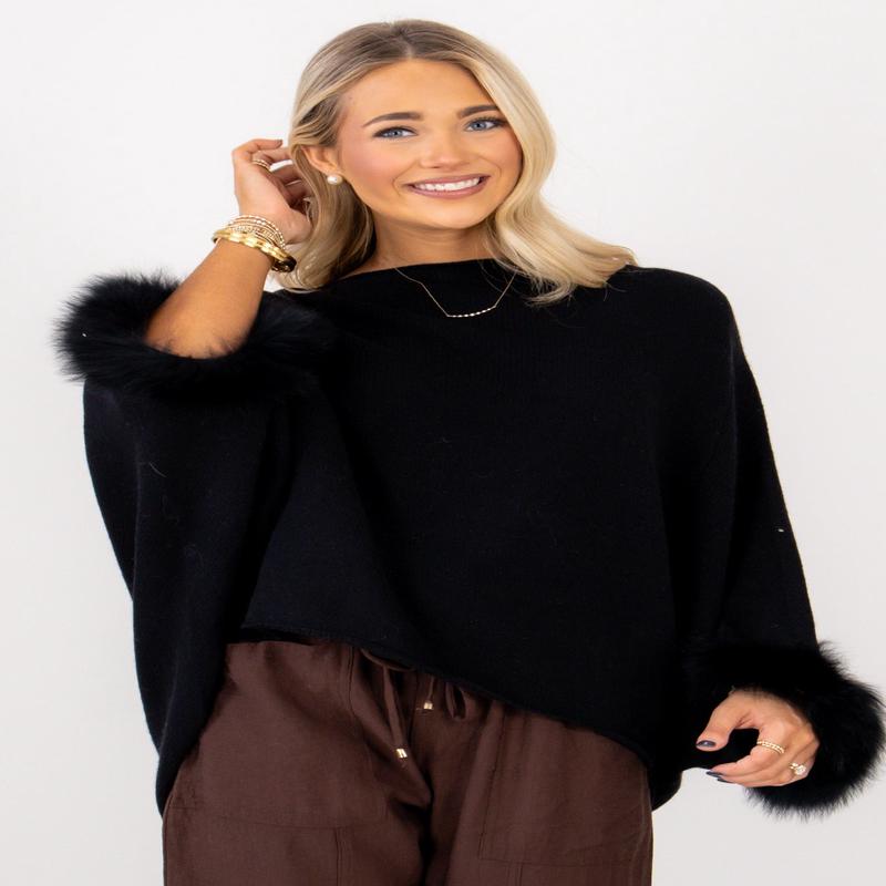 Selena Black Fox Fur Sleeved Poncho
