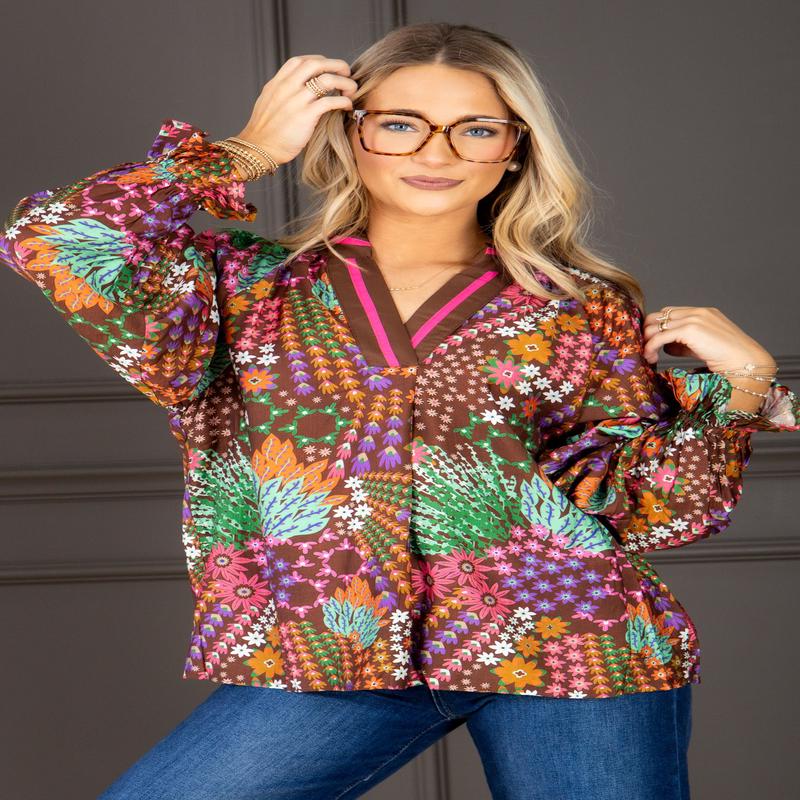 Up Ahead Brown Mix Floral Print Long Sleeve Top