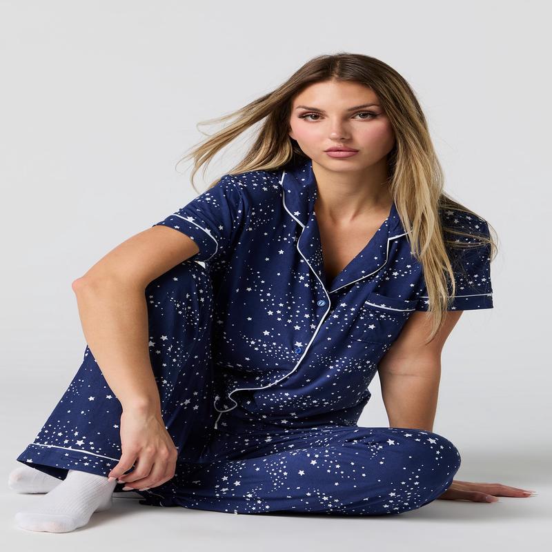 Ensemble-pyjama 2 pices T-shirt boutonn et pantalon imprims