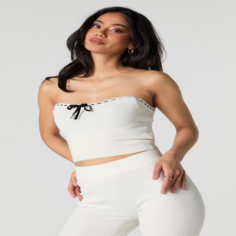 Ribbon Trim Knit Tube Top