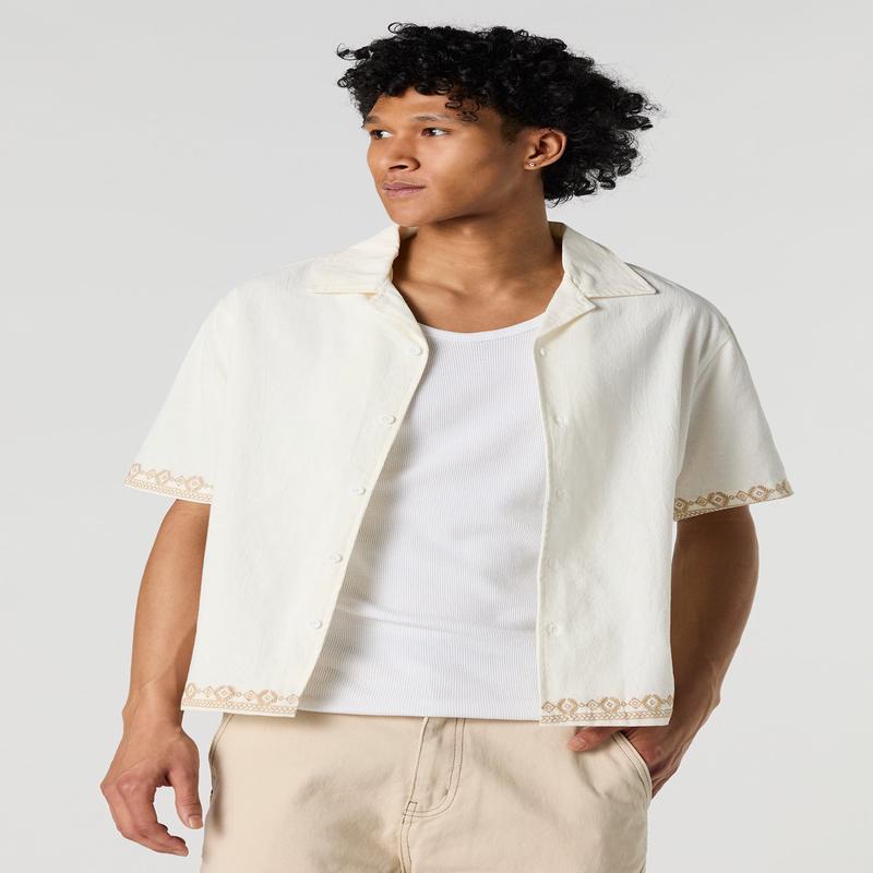 Embroidered Trim Textured Button-Up Top