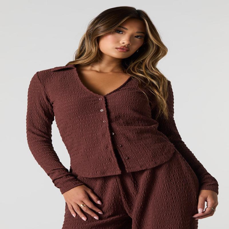 Haut textur boutonn  manche longue