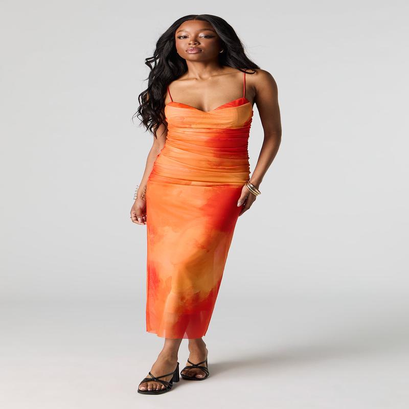 Mesh Ruched Bustier Midi Dress