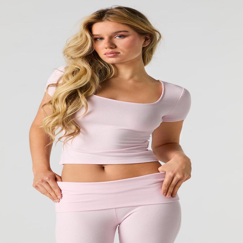 Ribbed Square Neck Cropped T-Shirt