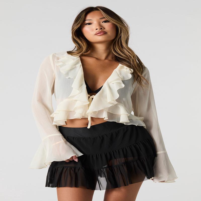 Ruffled Self-Tie Long Sleeve Top