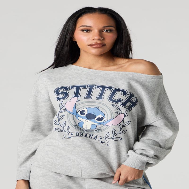 Stitch Graphic Fleece Off Shoulder Sweatshirt