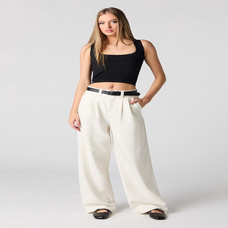Belted Baggy Wide Leg Dress Pant