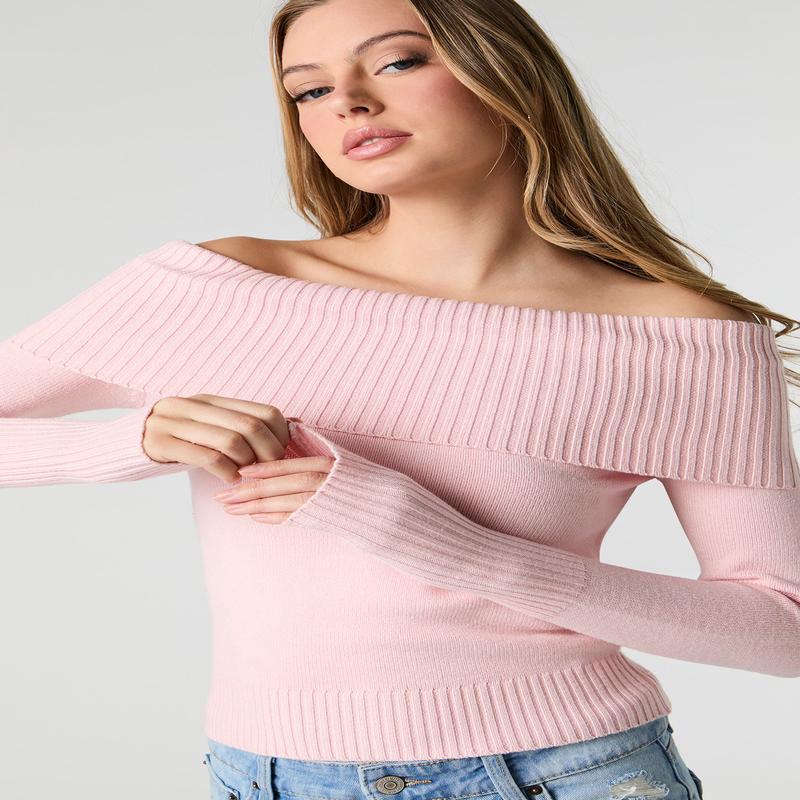 Chandail en tricot  encolure replie et paule dgage